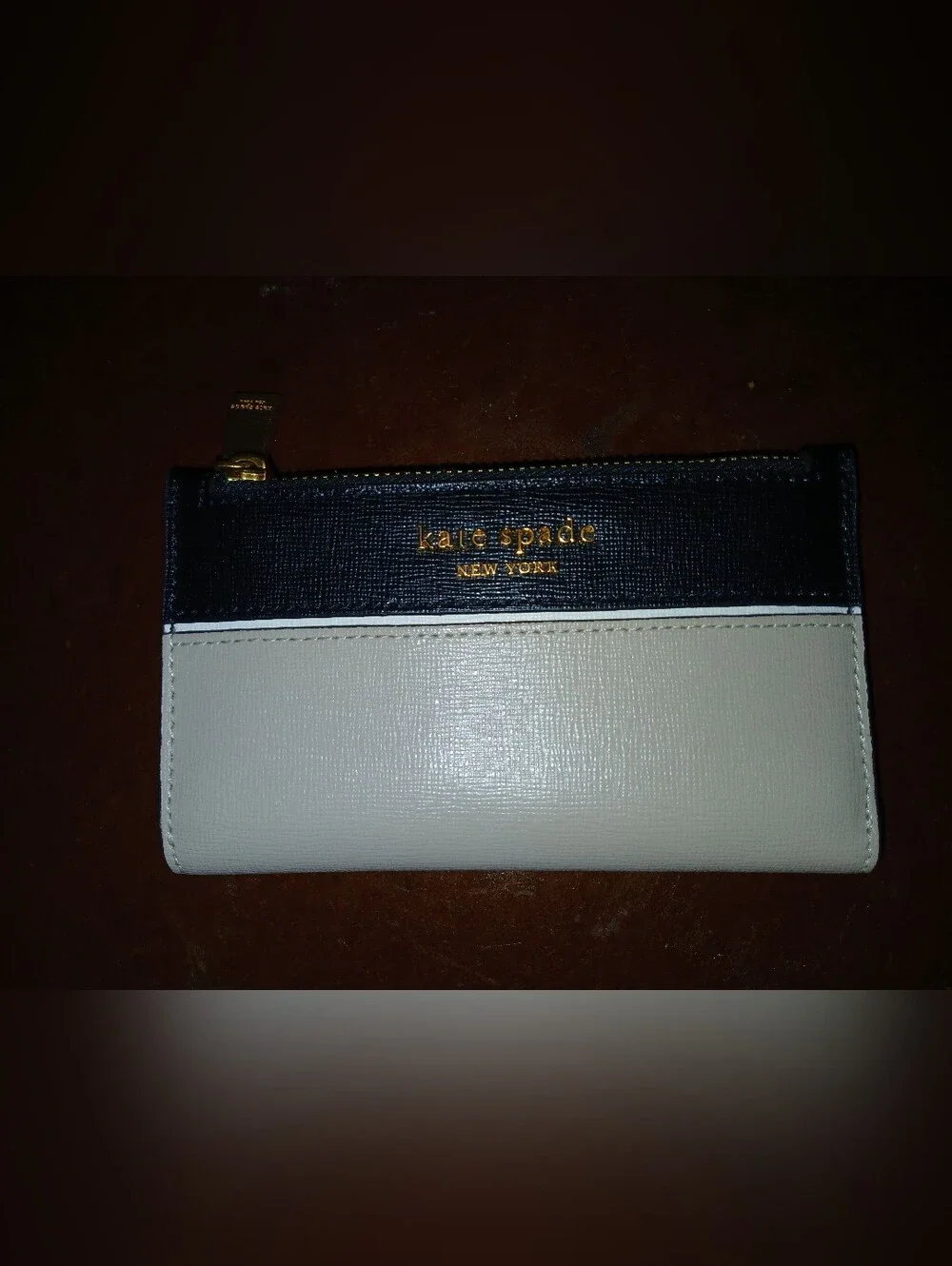 Kate Spade Two-Tone Saffiano Leather Zip Slim Wallet Navy & Cream